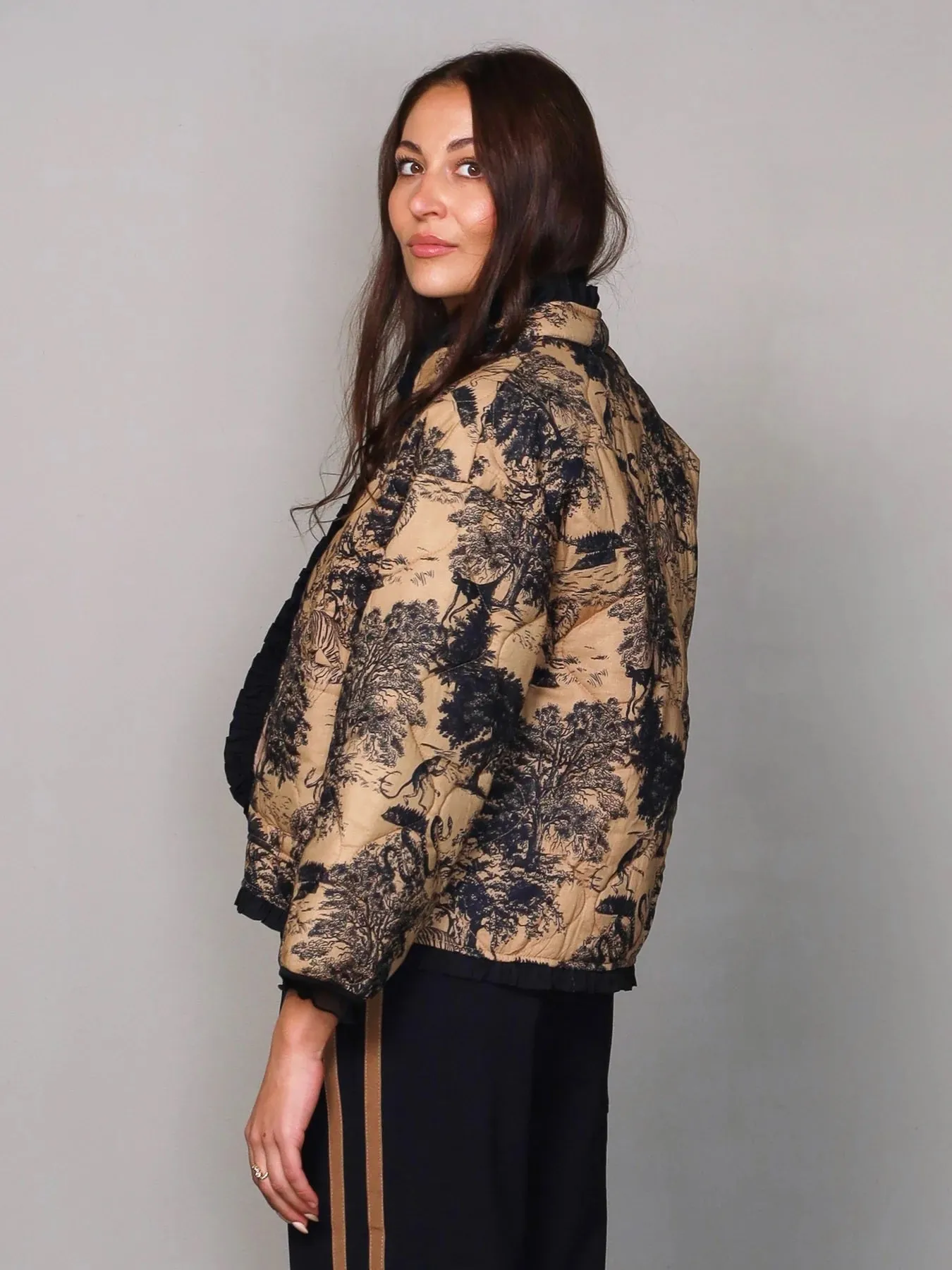 Ruffle Collar Quilted Jacket - Black Mix