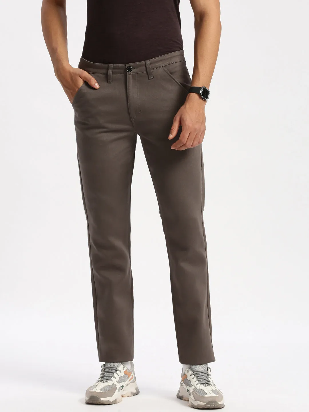 Slim Fit Mid Rise Twill Cotton Trousers