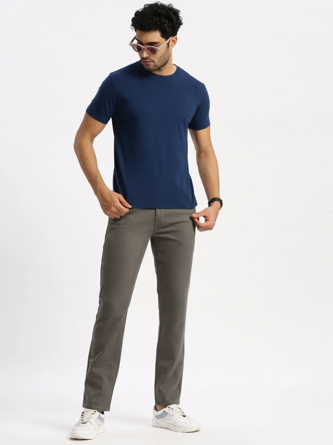 Slim Fit Mid Rise Twill Cotton Trousers