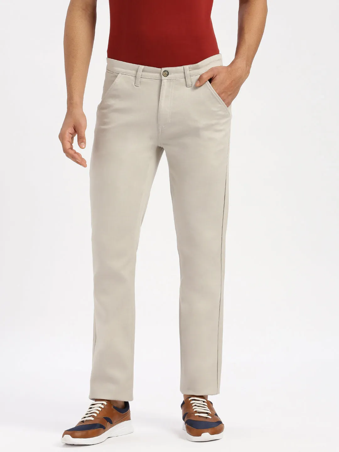 Slim Fit Mid Rise Twill Cotton Trousers