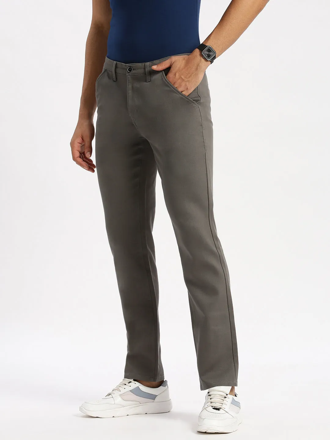 Slim Fit Mid Rise Twill Cotton Trousers