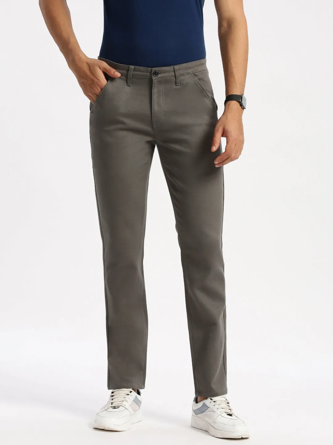 Slim Fit Mid Rise Twill Cotton Trousers