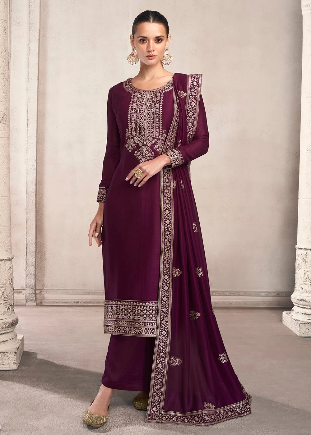 Straight Cut Mulberry Purple Silk Festive Salwar Kameez