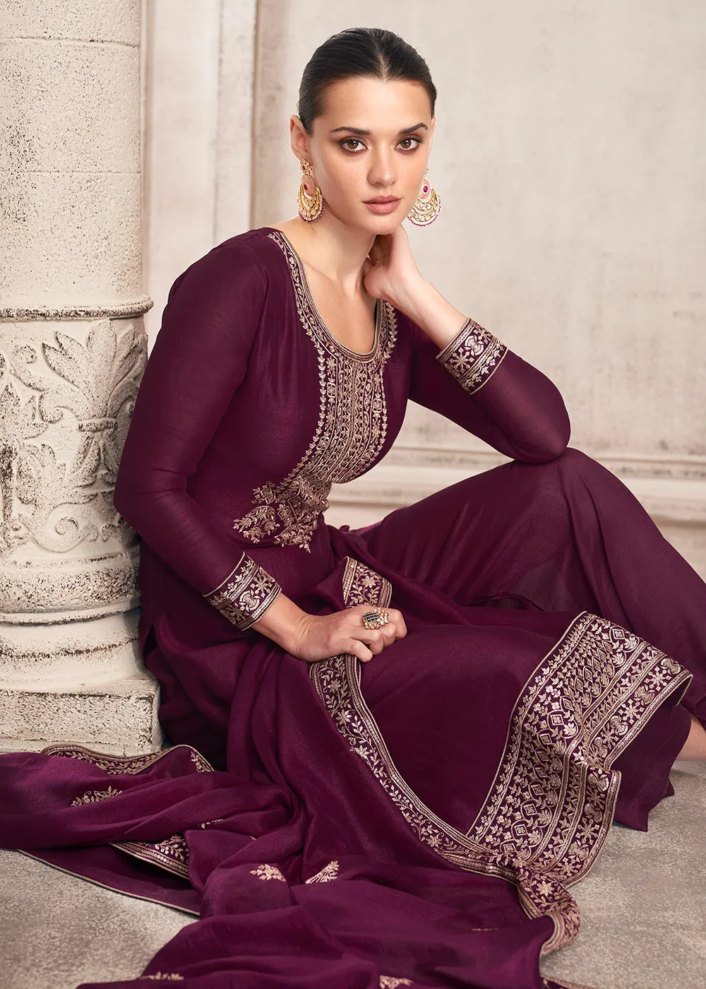 Straight Cut Mulberry Purple Silk Festive Salwar Kameez
