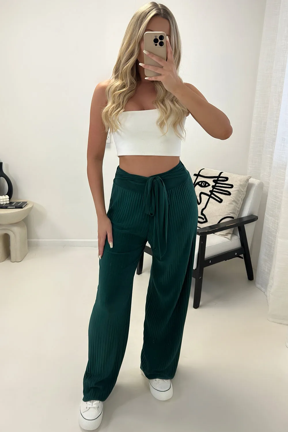 Teagan Green Slinky Plisse Tie Waist Wide Leg Trousers