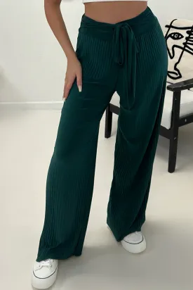 Teagan Green Slinky Plisse Tie Waist Wide Leg Trousers