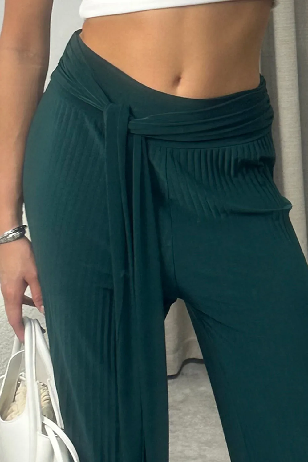 Teagan Green Slinky Plisse Tie Waist Wide Leg Trousers