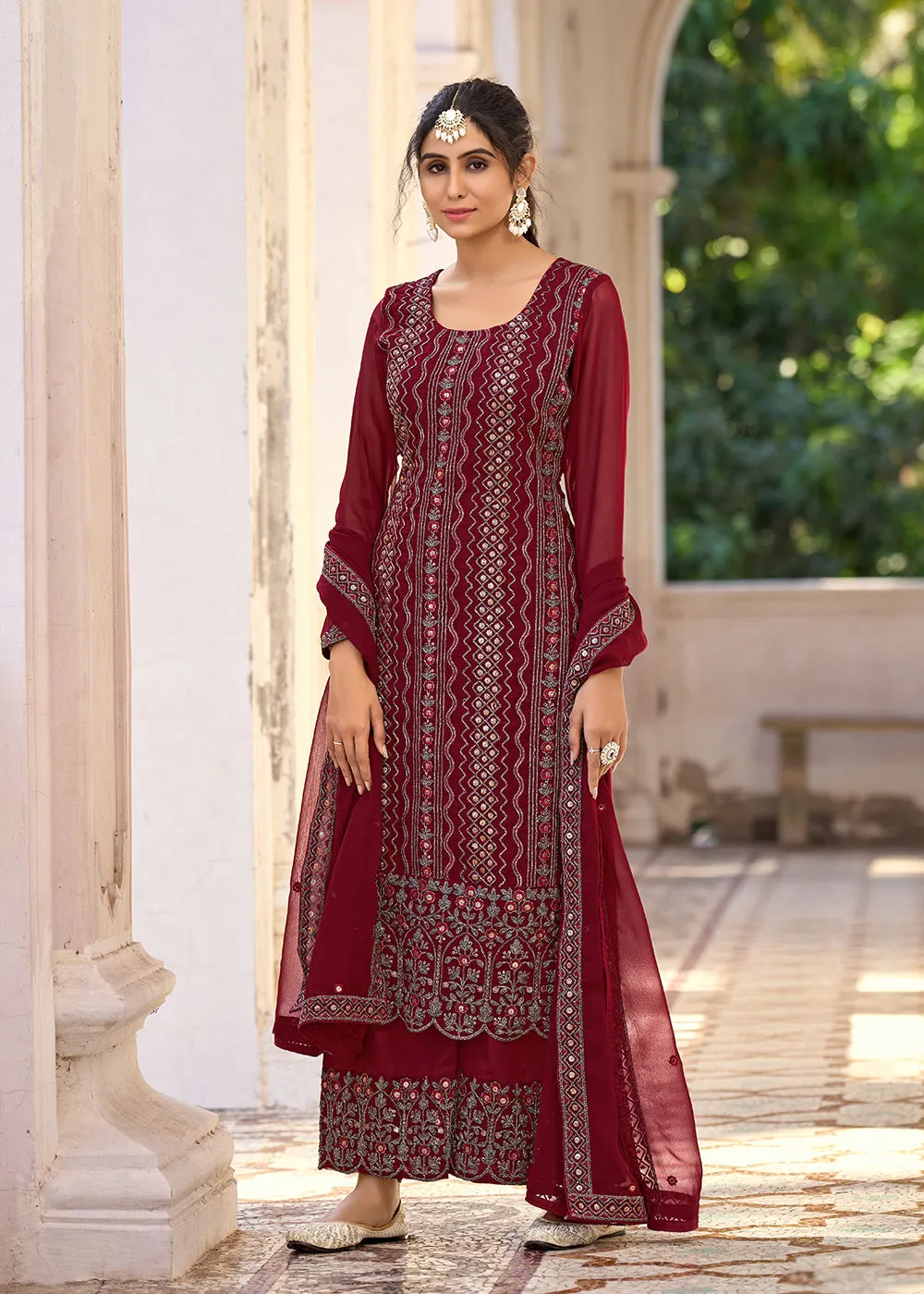 Thread & Sequins Embroidered Maroon Palazzo Salwar Suit