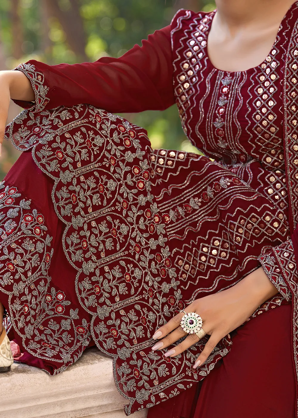 Thread & Sequins Embroidered Maroon Palazzo Salwar Suit