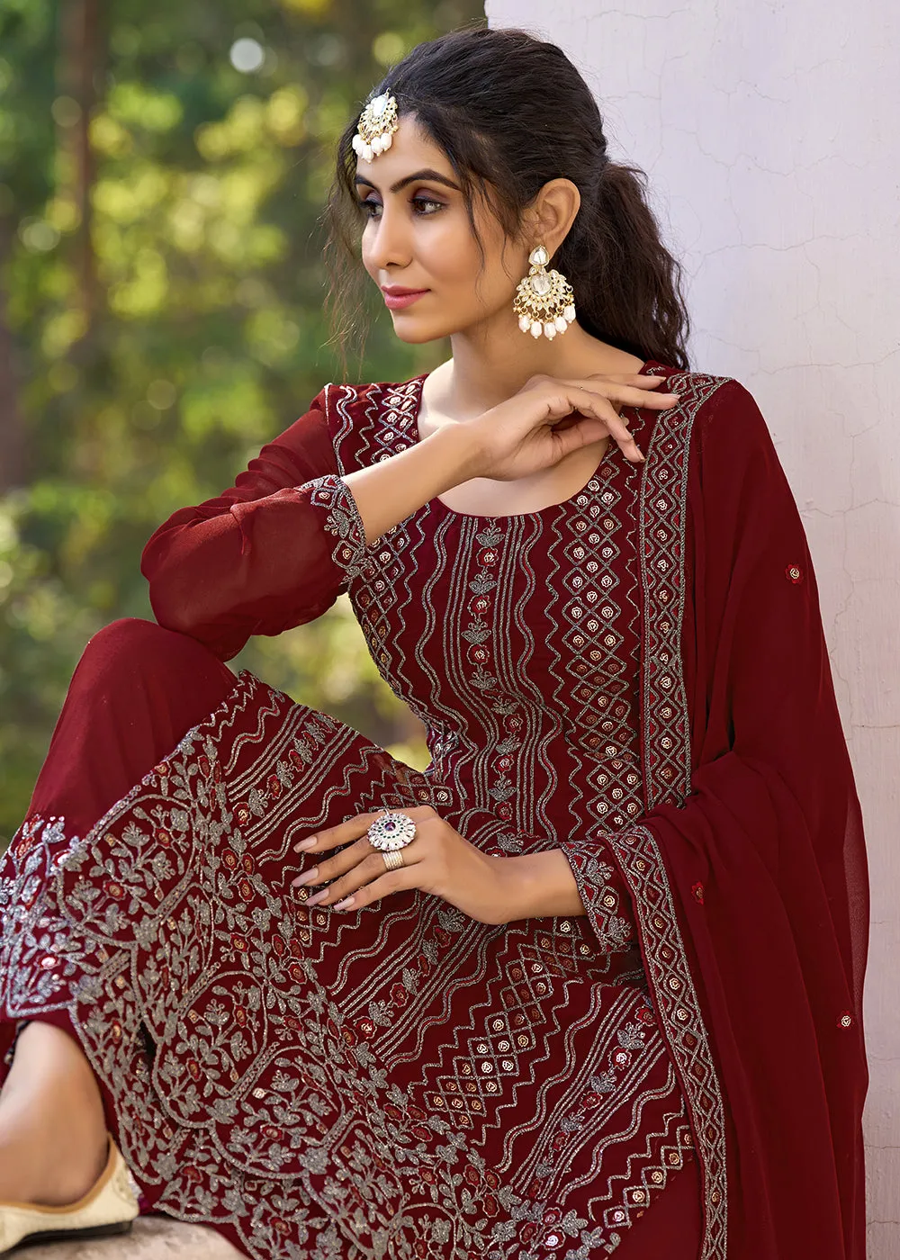 Thread & Sequins Embroidered Maroon Palazzo Salwar Suit