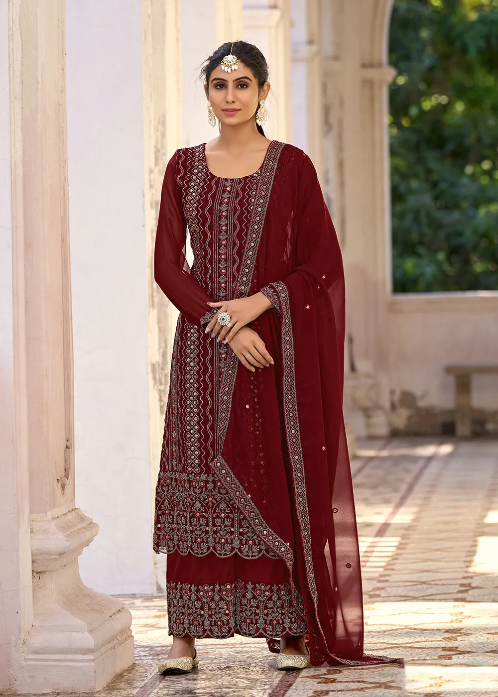 Thread & Sequins Embroidered Maroon Palazzo Salwar Suit