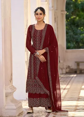 Thread & Sequins Embroidered Maroon Palazzo Salwar Suit