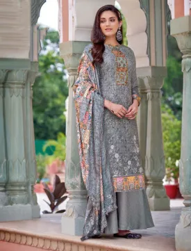 Unstitched Cotton Grey Pakistani Karachi Suits Dress Material with Dupatta