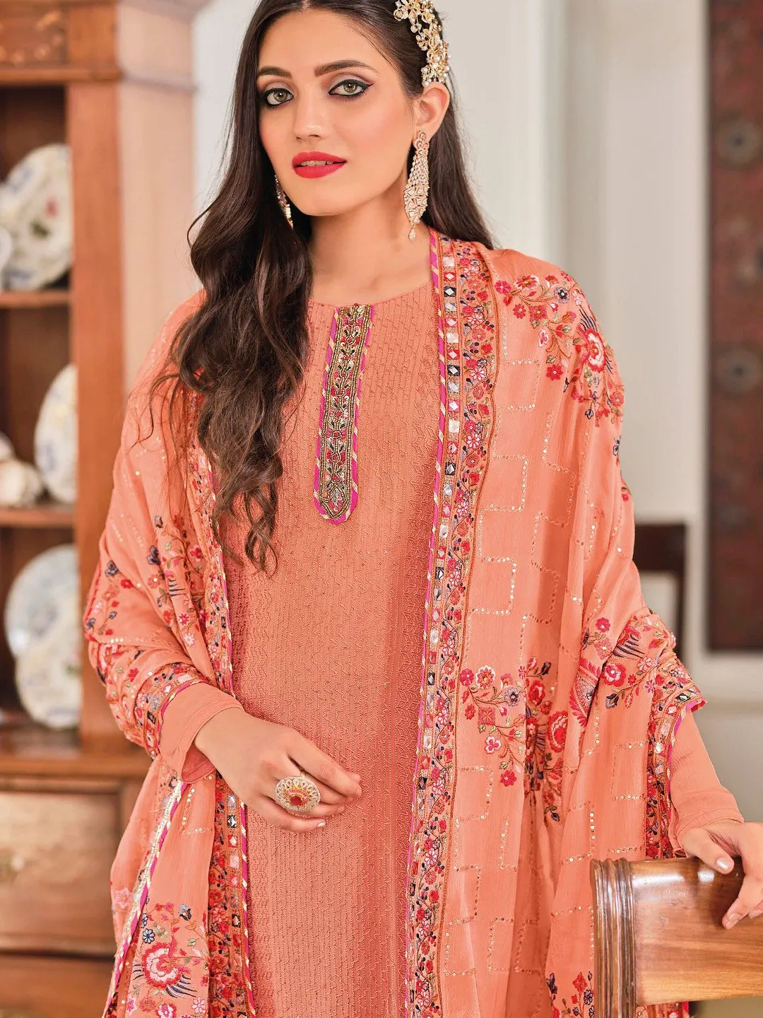 Unstitched Pink Chinon Pakistani Salwar Suit Set With Embroidery Work