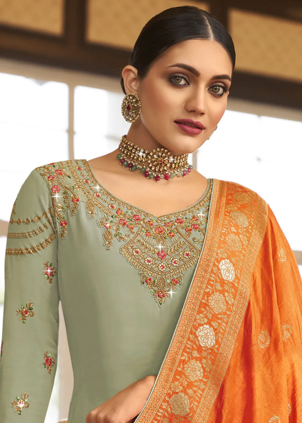 Wedding Party Fabulous Sage Green Thread & Zari Salwar Suit