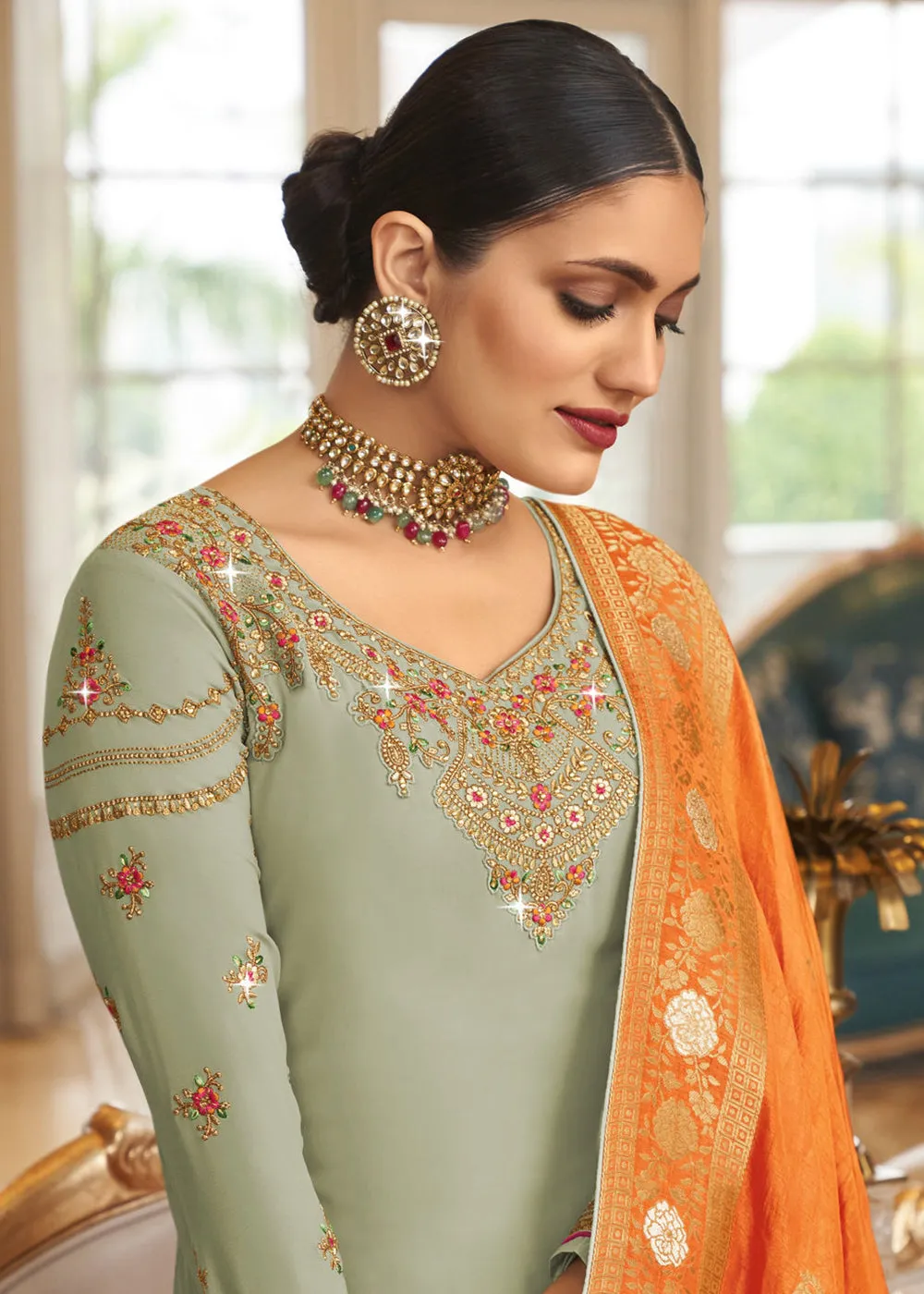 Wedding Party Fabulous Sage Green Thread & Zari Salwar Suit
