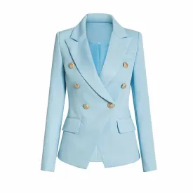Women Light Blue Double Breasted Blazer Gold Buttons Jacket