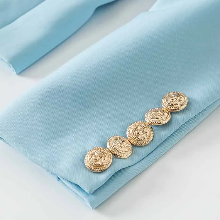Women Light Blue Double Breasted Blazer Gold Buttons Jacket