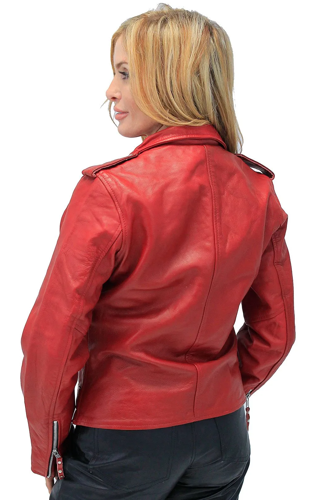 Women's Soft Red Leather Motorcycle Jacket #L6061R