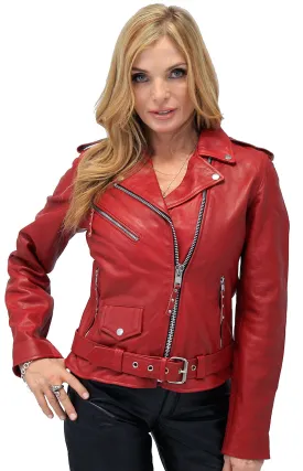 Women's Soft Red Leather Motorcycle Jacket #L6061R